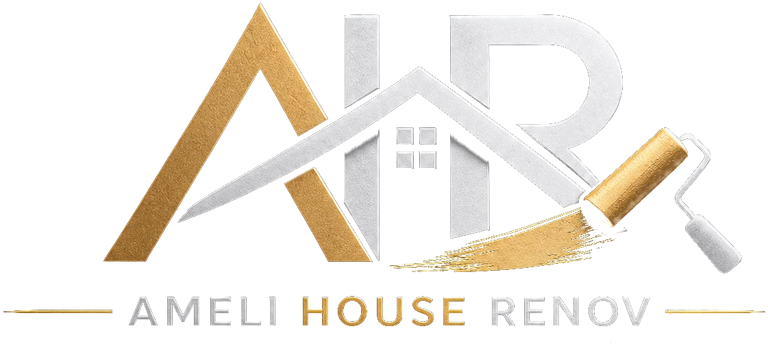 Logótipo da Ameli House Renov: as letras AHR com o telhado de uma casa e um rolo de pintura
